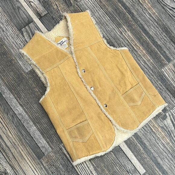 🔥🔥 True Vintage GENUINE LEATHER PILE Tan Suede Western Sherpa Lined VEST Jacke - Picture 2 of 11